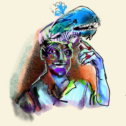mixed media digital portrait of a man with a whale coming out of his head